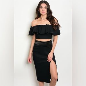 Black Two Piece Off The Shoulder Skirt Set Satin Trim Midi w/ Side Split